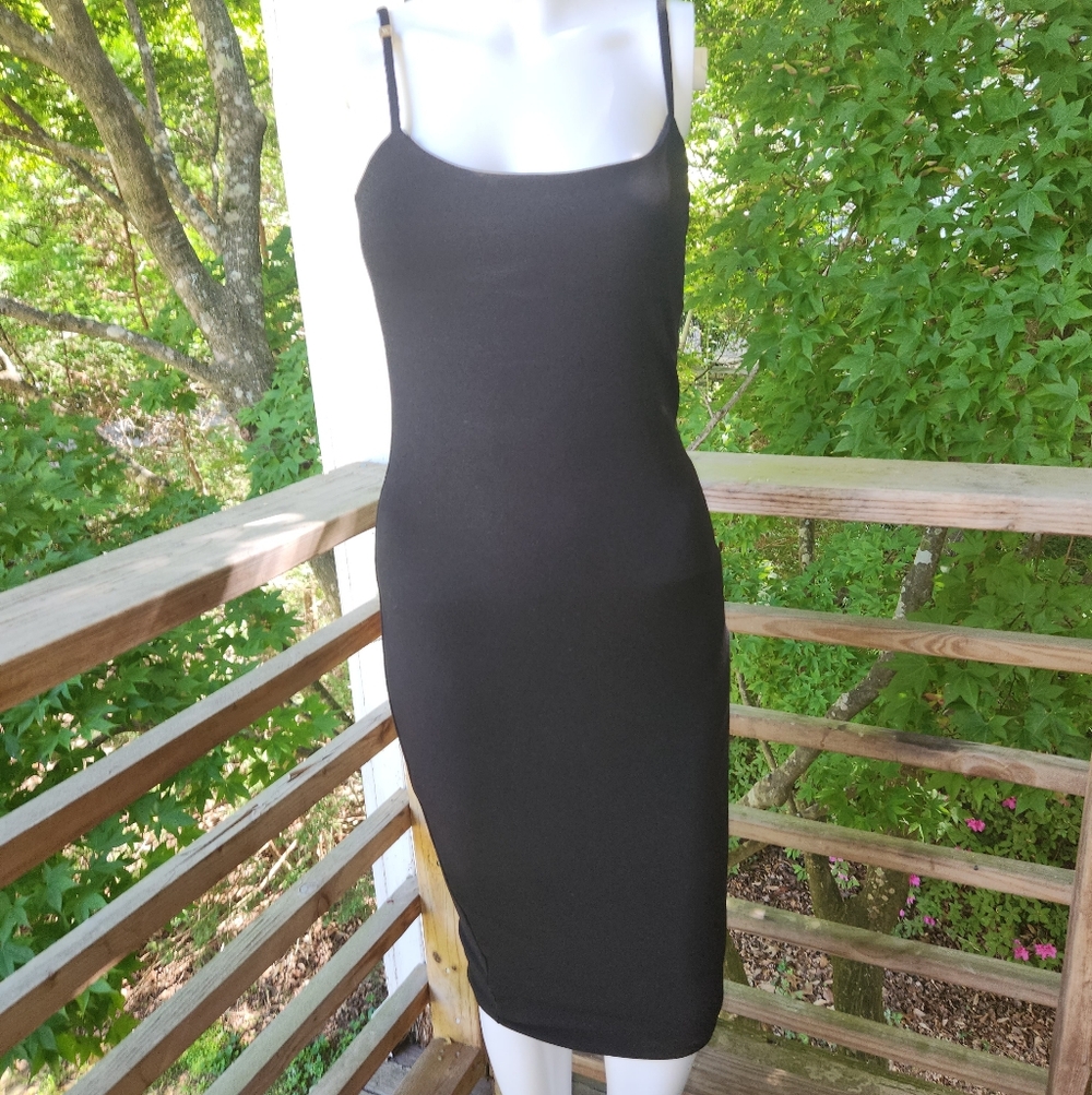 Classic Black Spaghetti Strap Bodycon Midi Dress. Meshki Bandage